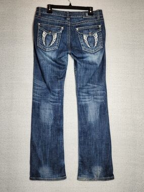 Zenim  Blue Boot Cut Distrressed Jeans Embroidered Beaded Pockets Womens 10